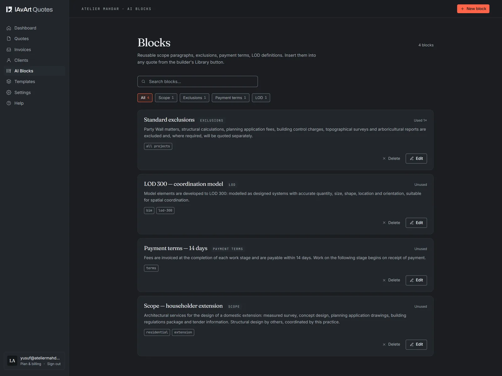 The Blocks library: saved scope, exclusions, payment terms and LOD definitions, organised by category and tags.
