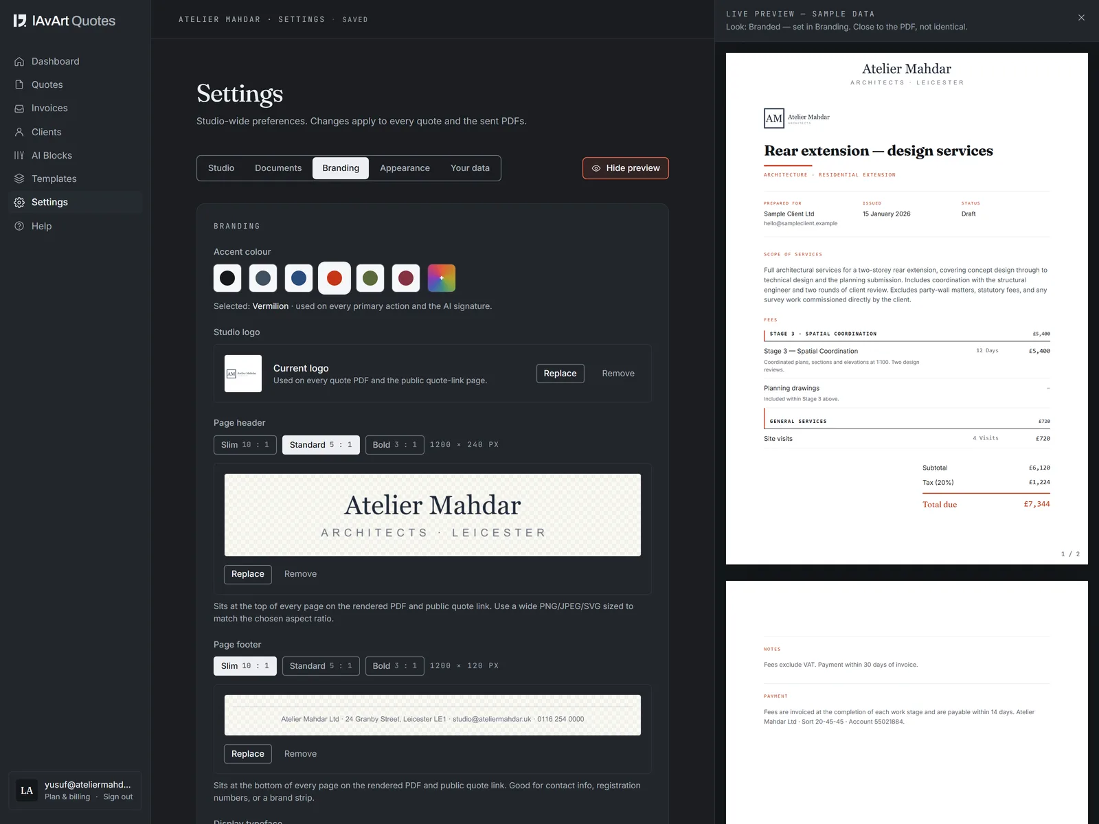 Branding settings: accent colour, studio logo and page header and footer assets beside a live branded document preview.