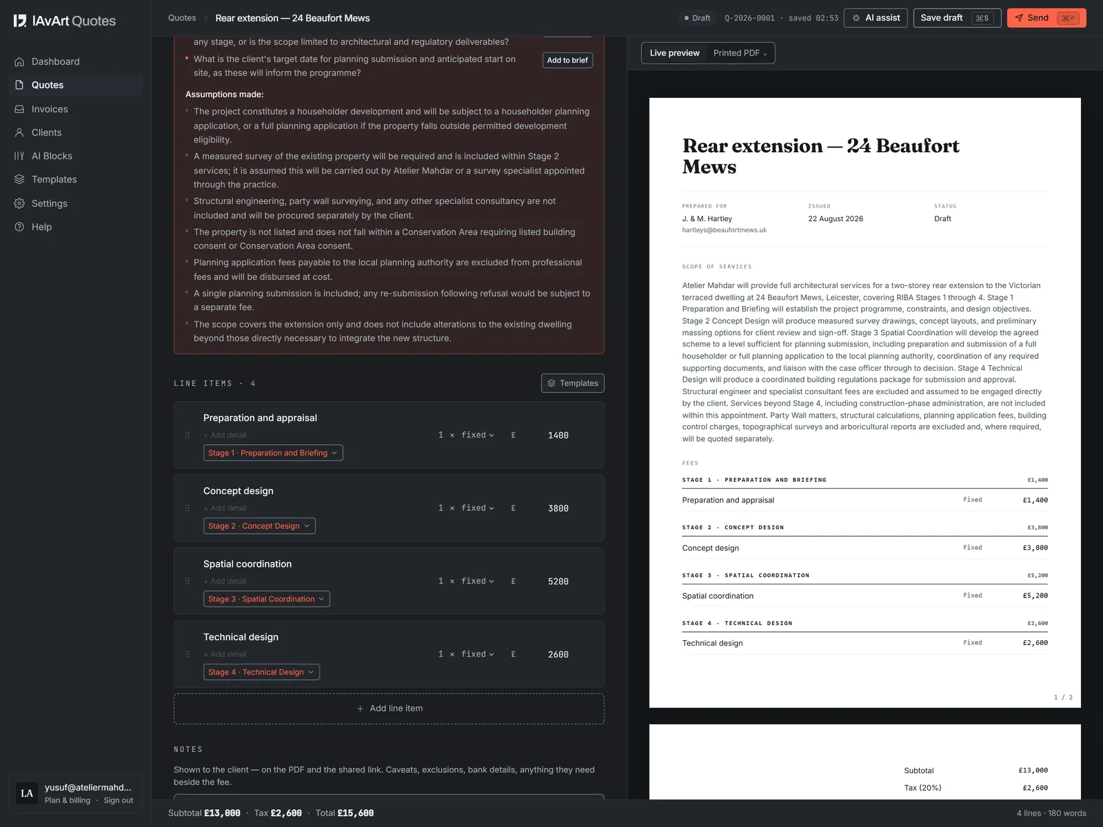 The lAvArt quote builder: brief and RIBA-staged fee lines on the left, the composed quote document on the right.